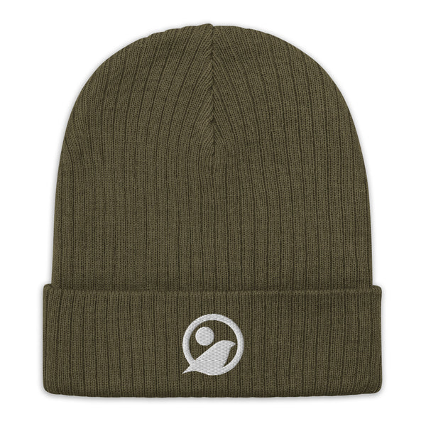 Embroidered Olive Ribbed Knit Beanie